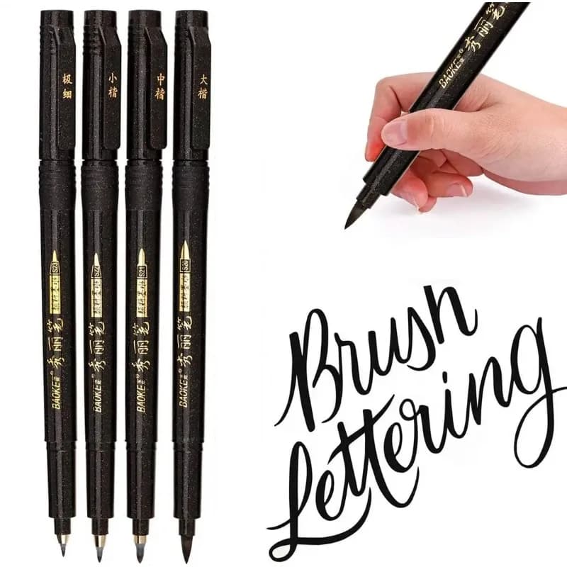 Set di 4 pennarelli per calligrafia con scritte a mano, punta morbida e dura, inchiostro nero ricaricabile per principianti, scrittura, disegno artistico