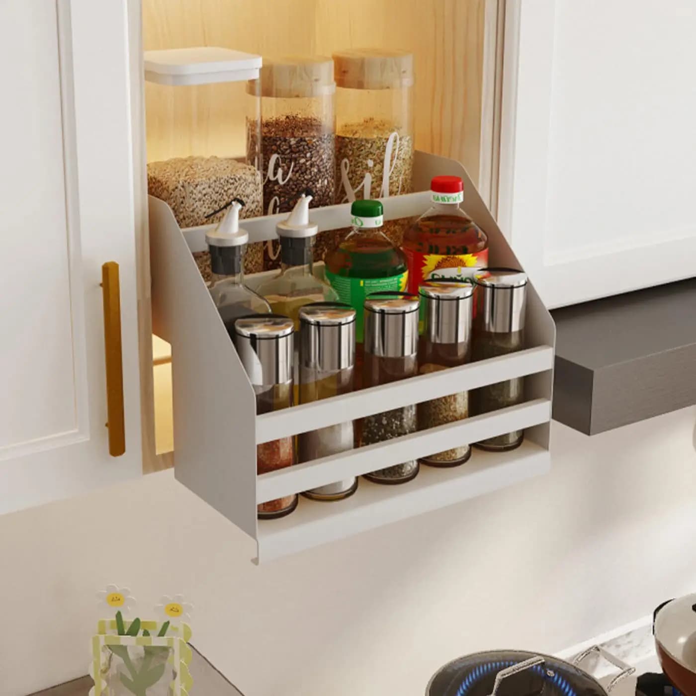 Gdrasuya10 Organizer per armadietto estraibile, ripiani estraibili, portaspezie estraibili a 2 livelli per armadio da cucina superiore, salvaspazio della cucina