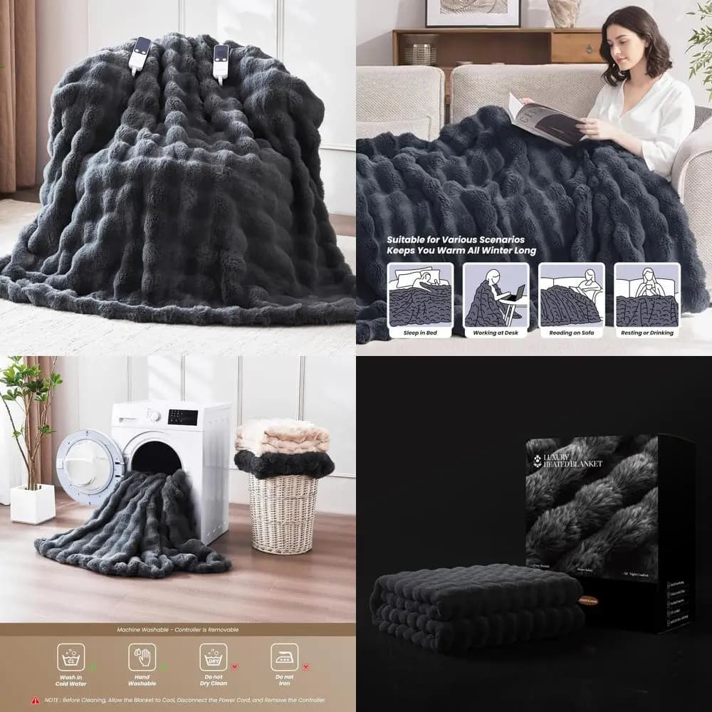 Coperta riscaldata elettrica Queen Size 84x90 con pelliccia di coniglio sintetica ultra morbida, 5 livelli di calore, spegnimento automatico e protezione dal surriscaldamento, Ma
