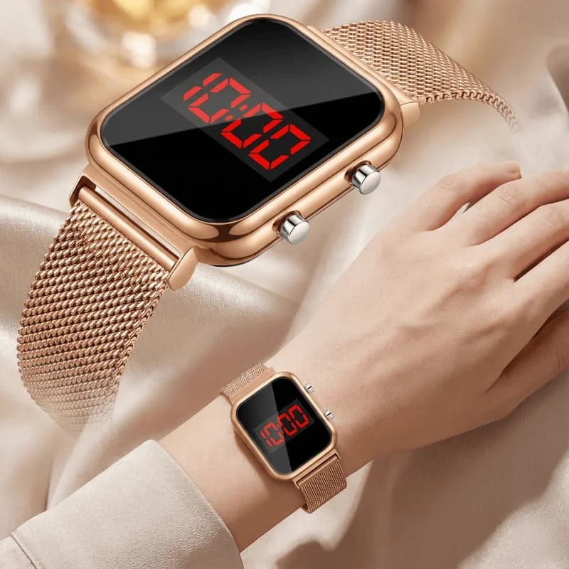 Fashionable Magnetic Buckle Rectangular LED Digital Watches Women's Electronic Wrist Watch With Women's Luxury Wire Mesh Strap