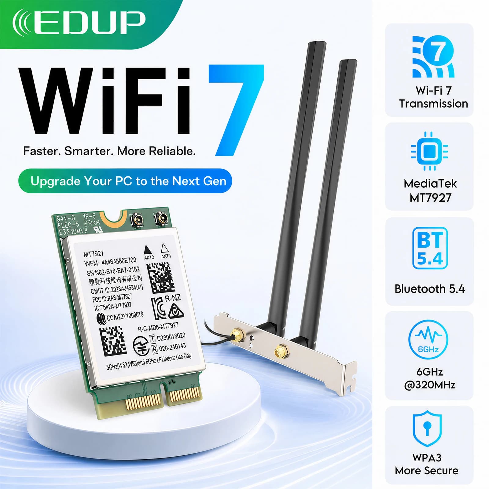 Adattatore WiFi 7 PCIe EDUP MT7927-Pro Tri-Band 2.4G 5G 6GHz 9334Mbps con Antenne MLO 6dBi BT5.4 WPA3 per PC Desktop Win11 Linux