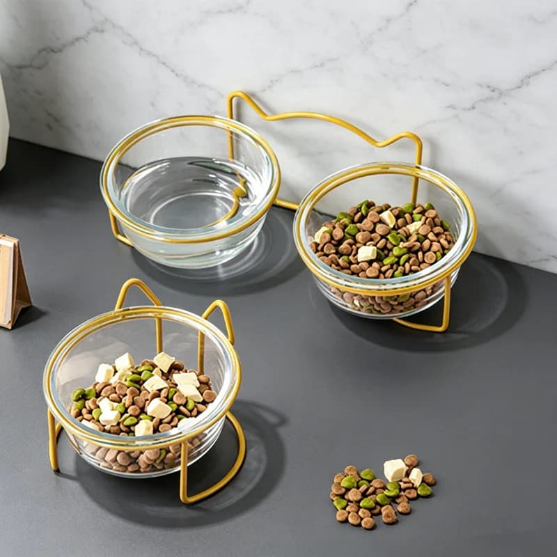 Glass Cat Bowl with Cute Cat‑Ear Iron Stand Raised Pet Food Water Bowl Anti‑Tilt Feeding Dish for Kitten Small Cats Pet Supplies