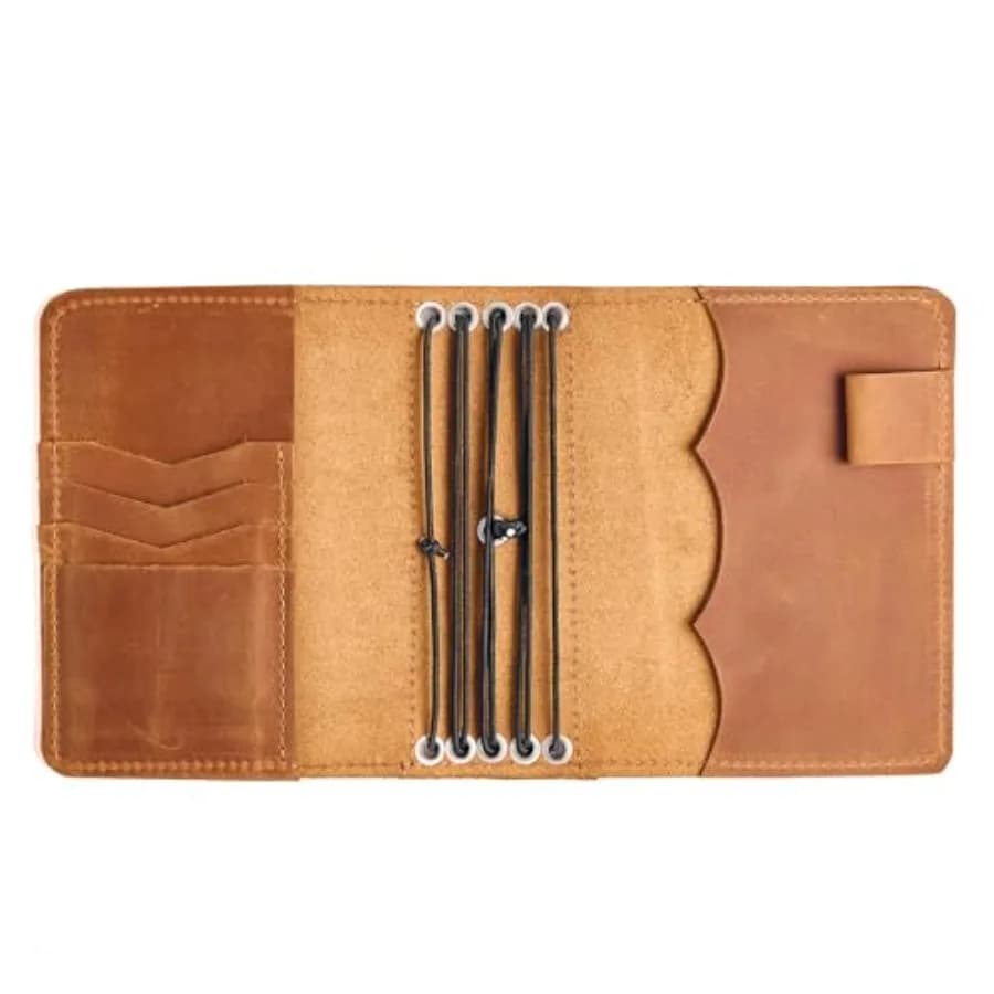TORAKIP Leather Journal Cover A6 Handmade Refillable Traveler's Notebook with 5 Elastic Bands Pen Holder and Card Pockets Leath