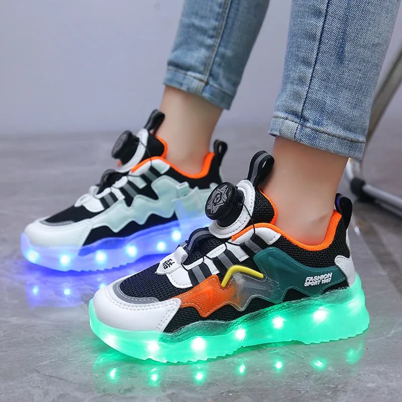 Scarpe da ginnastica per bambini Pulsante rotante luminoso Carica USB Scarpe da illuminazione sportive Ragazzi Ragazze Scarpe da skateboard casual Scarpe da corsa leggere