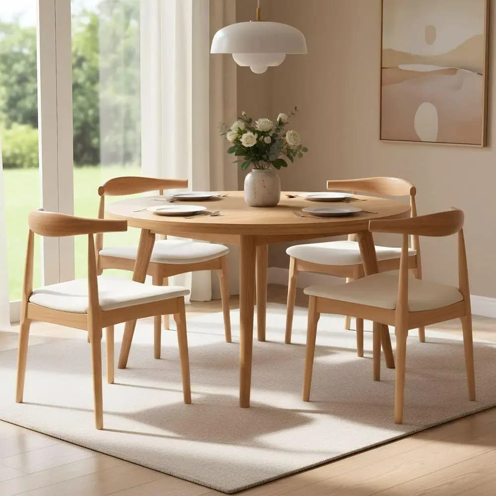 Set di 2 Sedie da Pranzo in Legno con Cuscini in Lino e Schienale a Botte, Sedie da Cucina in Stile Mid-Century Modern, Colore Naturale