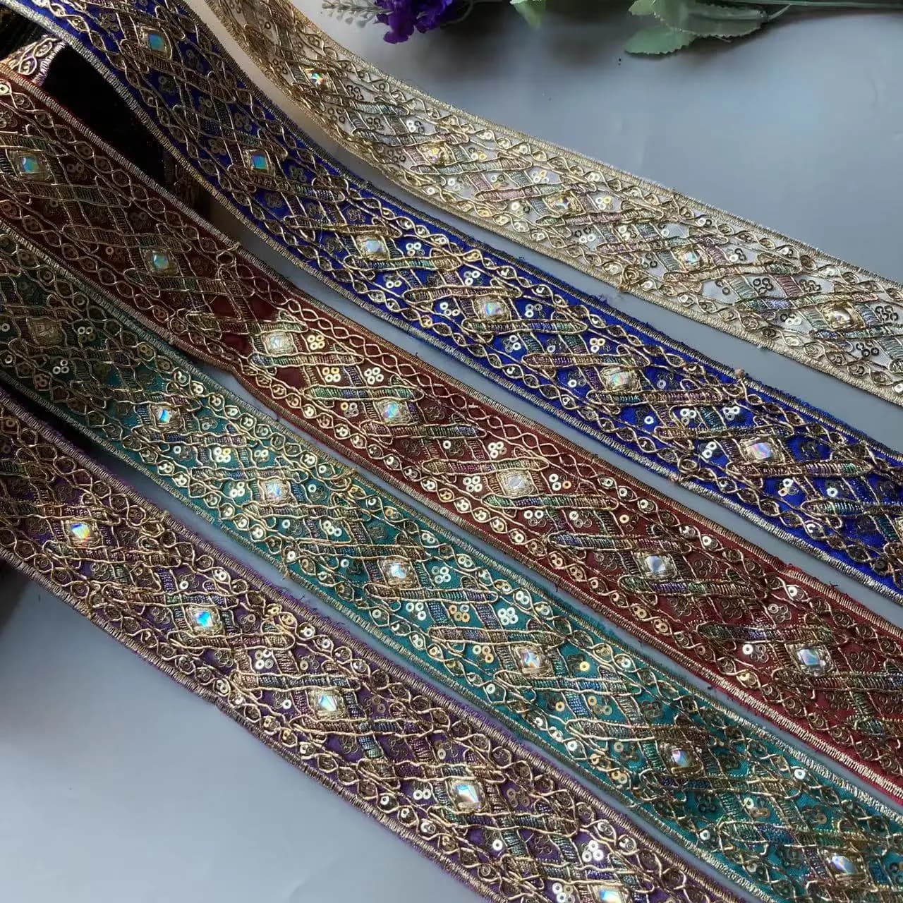 1 Yards Sequin Lace Trims Floral Ribbon Ethnic DIY Sewing Material for Accessories Dress Fabric Decoration