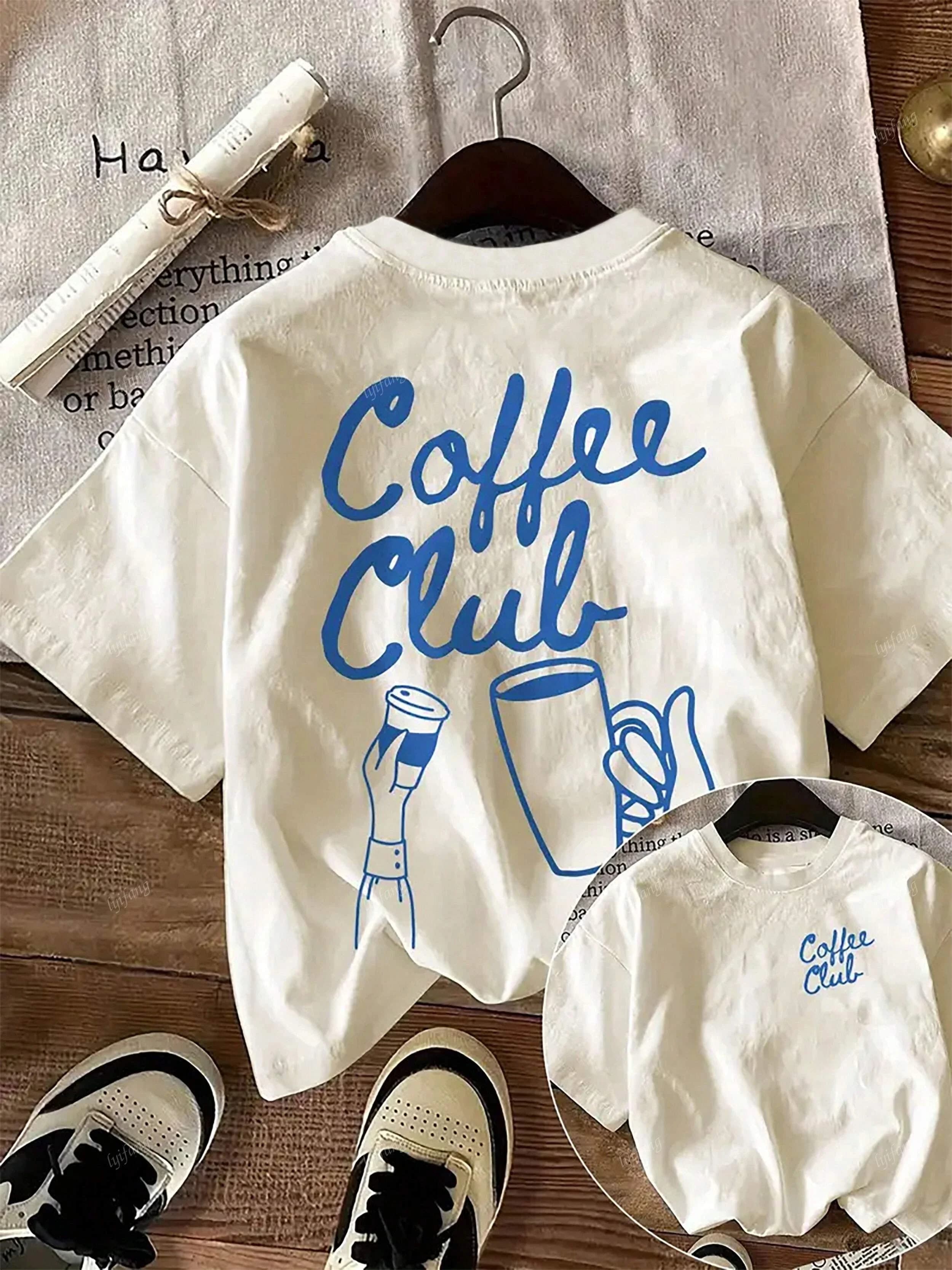 "Coffee Club" Printed Graphic T-shirt Women's Casual Round Neck Short-sleeved Top White Simple and Versatile Tee Summer