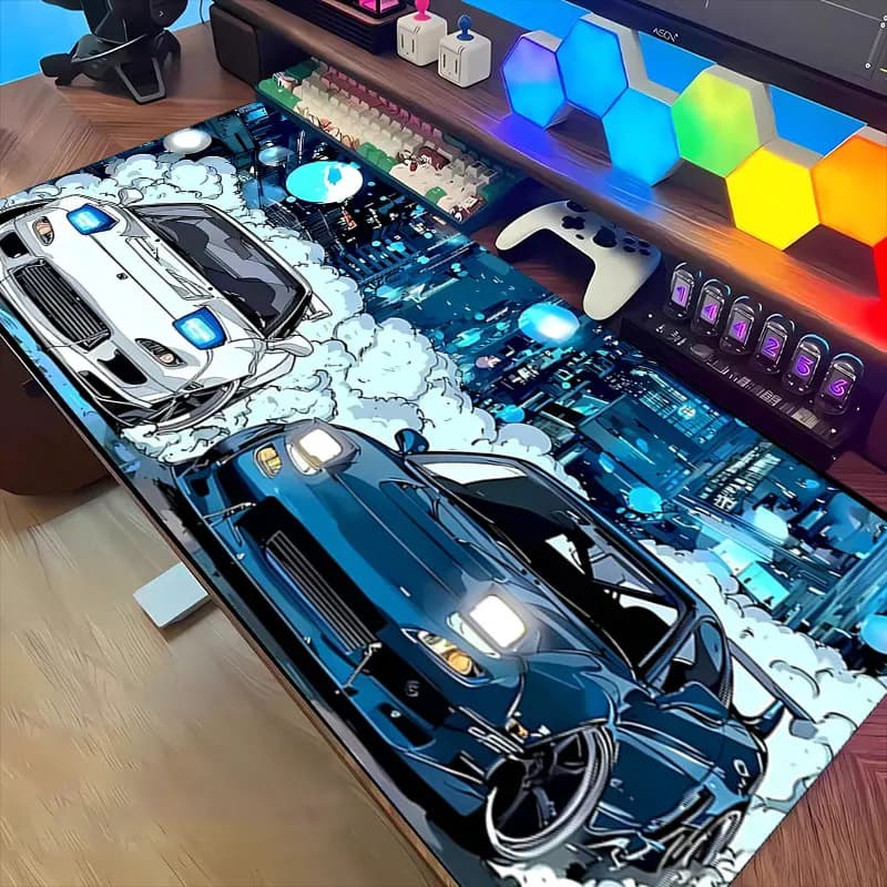 Tappetino per mouse da gaming in gomma antiscivolo con design anime e auto e-sport giapponesi, tappetino decorativo da scrivania per ufficio