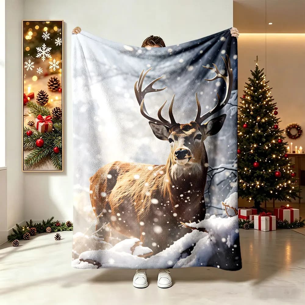 1pc Snowy Forest Reindeer Animal Print Flannel Blanket Soft Warm Throw Blanket For Sofa Couch Nap Home Decor Holiday Christma