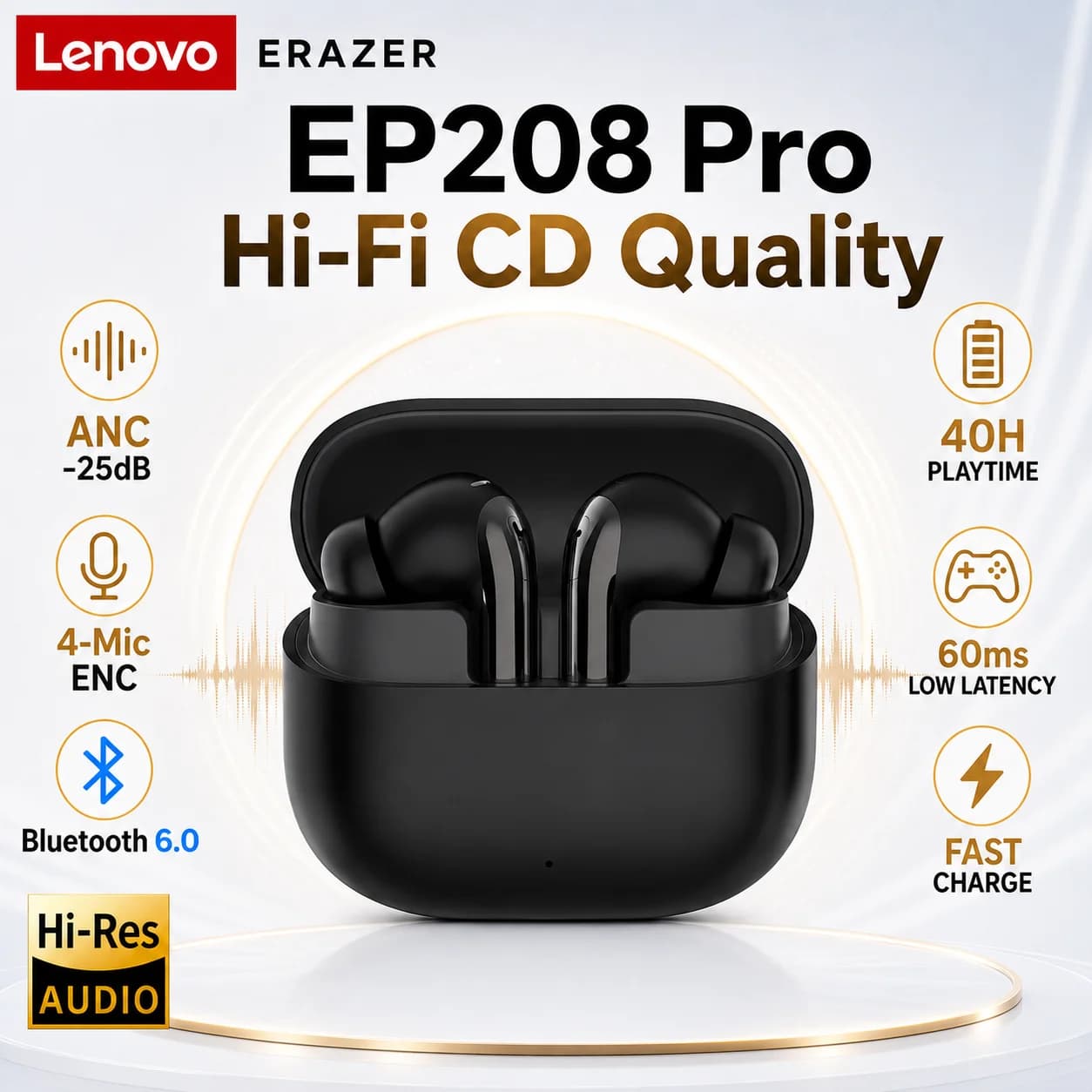 Lenovo ERAZER EP208 Pro Wireless Earbuds Bluetooth 6.0 TWS ANC ENC Noise Cancelling Gaming Low Latency HiFi Stereo 40H with Mic