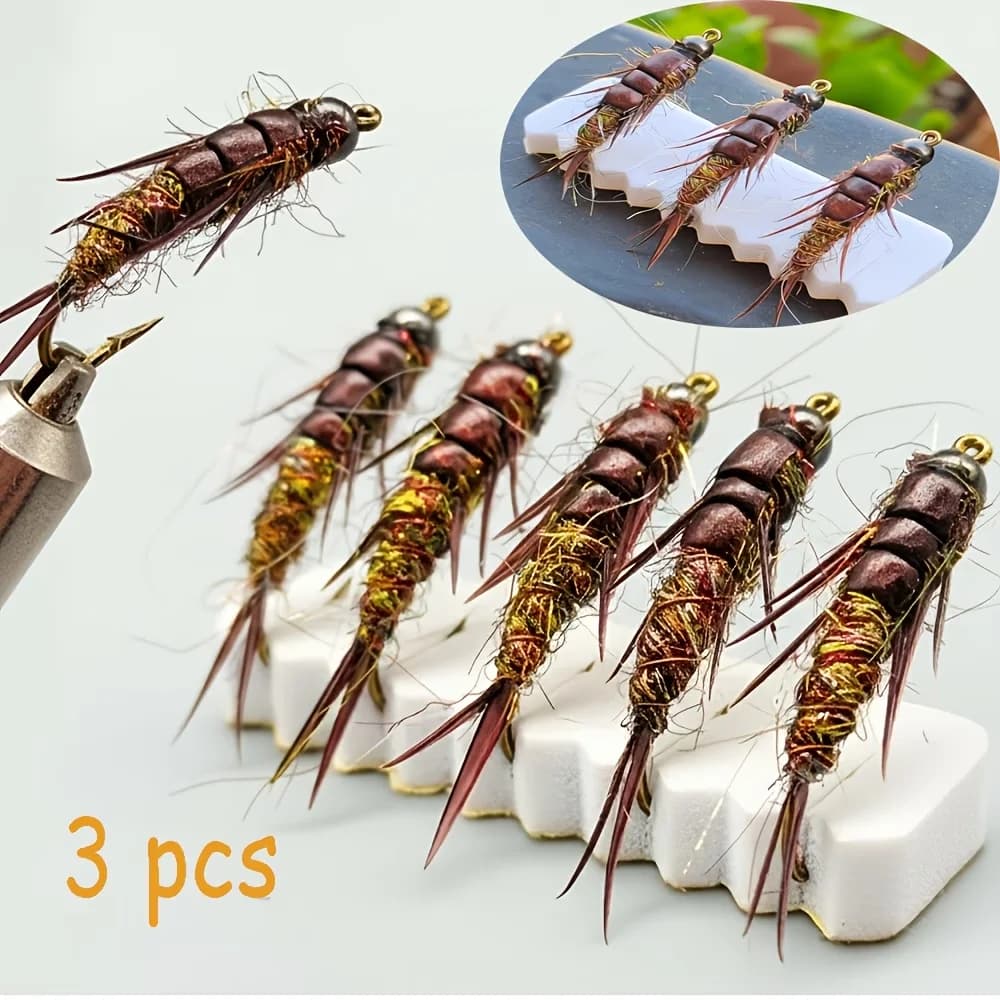 Set di 3 Pezzi # 10 Ninfe di Stonefly con Testa in Ottone — Mosche a Rapido Affondamento, Annodate a Mano, Stile Gamberetto/Verme con Nervature in Filo di Rame; Ninfa Umida