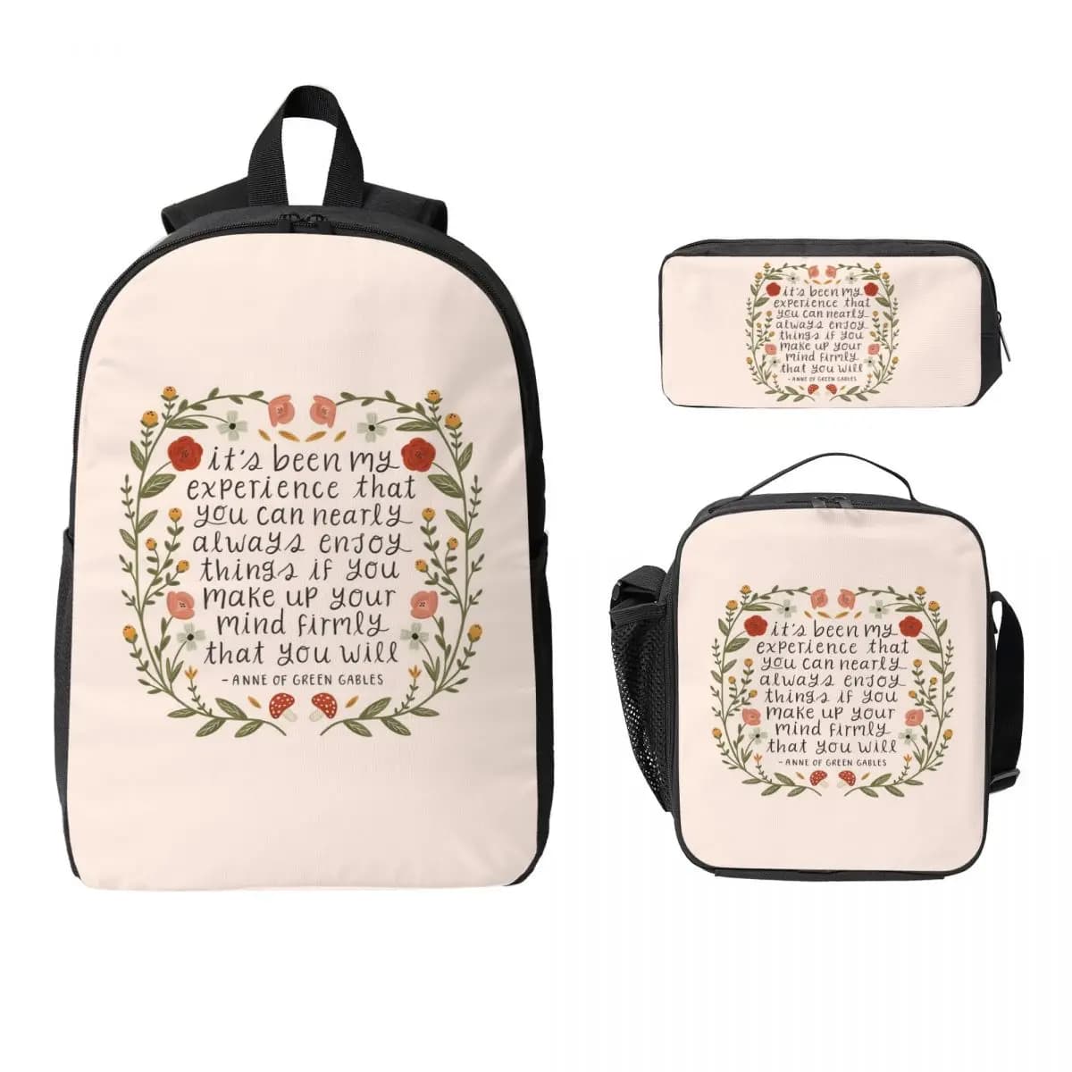 Anne Of Green Gables "Enjoy Things" Quote Backpack BookBag Borsa da scuola Borse a tracolla per laptop 3 pezzi Borsa termica per il pranzo Astuccio per matite