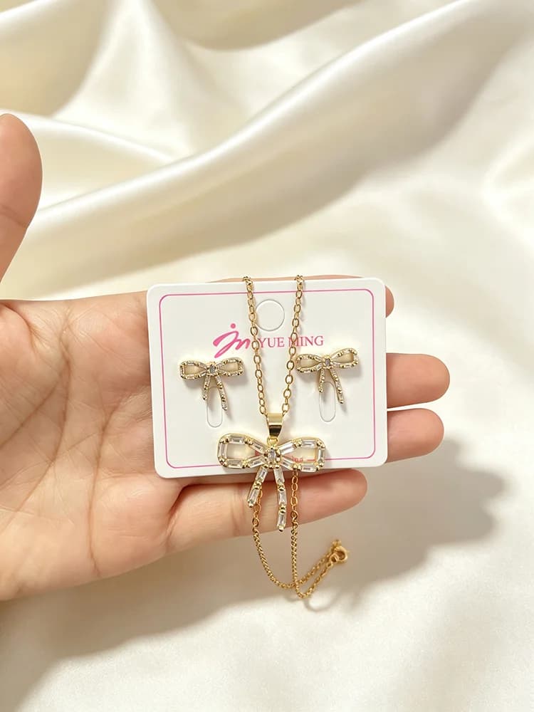 Gold Bow Zircon Jewelry Set Women Crystal Bow Knot Stud Earrings Pendant Necklace Elegant Wedding Party Accessories Gift