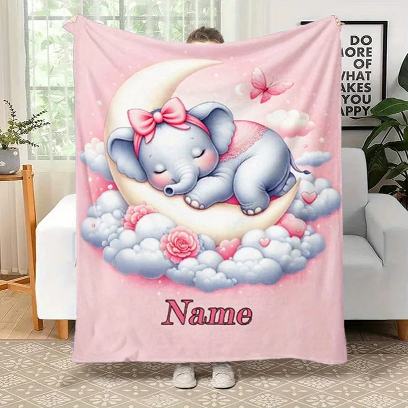 A small elephant with purple floral print name customized flannel blanket,customized,holiday blanket,birthday gift, gift blanket