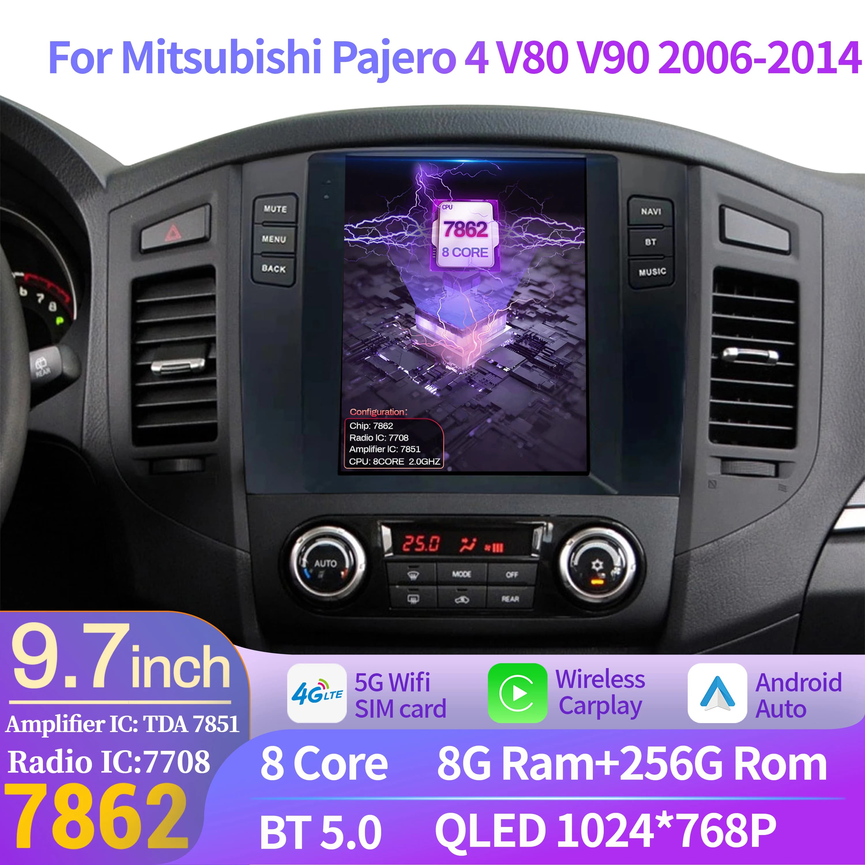 9.7 "Per Mitsubishi Pajero 4 V80 V90 2006-2014 Auto Radio di Navigazione Per Auto Lettore Multimediale di Navigazione Android 14 QLED Schermo