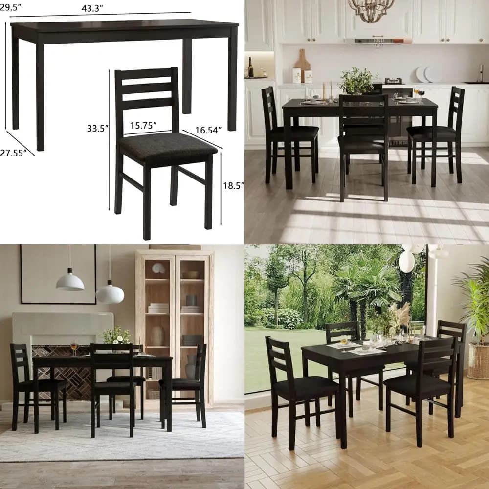 5 pieces solid wood dining set for 4 people, table and 4 chairs with pillows, ideal for kitchen, bar, living room.