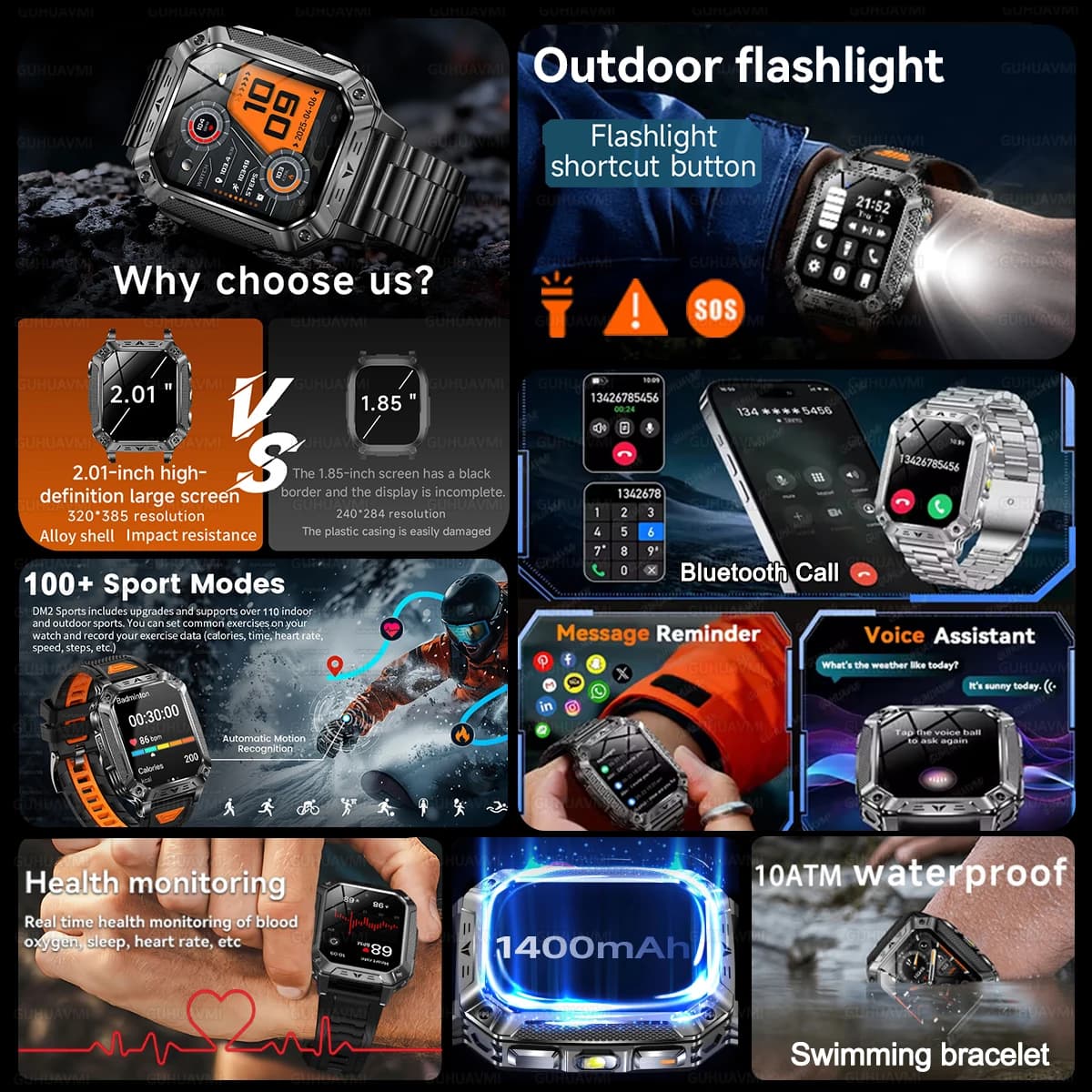 Nuovo Smartwatch Militare 2026 con Batteria da 1400mAh, Impermeabile 10ATM, Torcia LED, Cardiofrequenzimetro, Chiamate Vocali, per Uomo, 100+ Sport