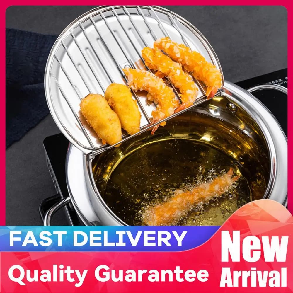 Japanese Style Fried Chicken Pot with Thermometer Cover and Drainage Grid Stainless Steel Oil 304 Not Covered for 2-3 Persons