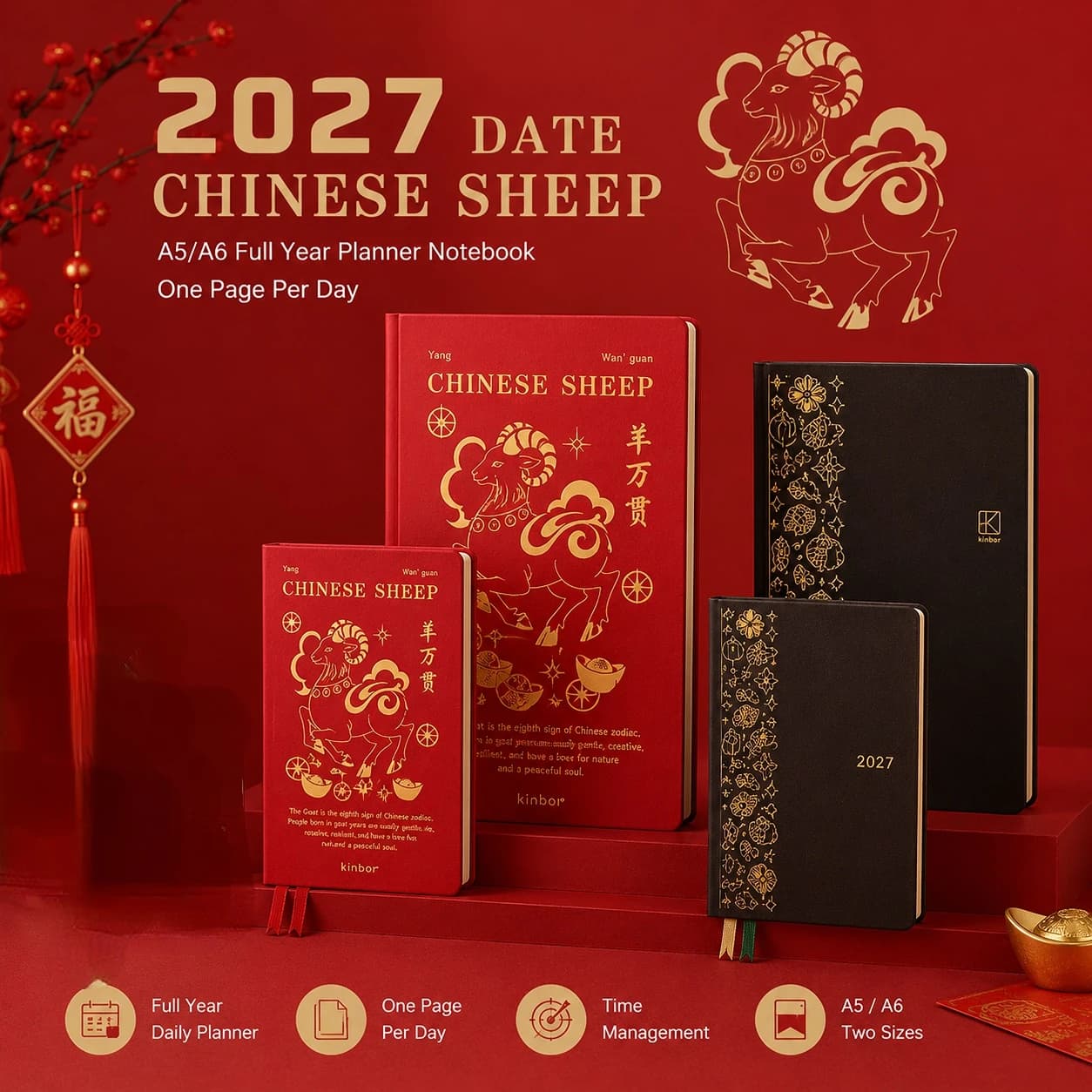 Kinbor 2027 A5 A6 Planner Notebook, One Page Per Day Full Year Daily Journal Agenda Record Book for Time Management