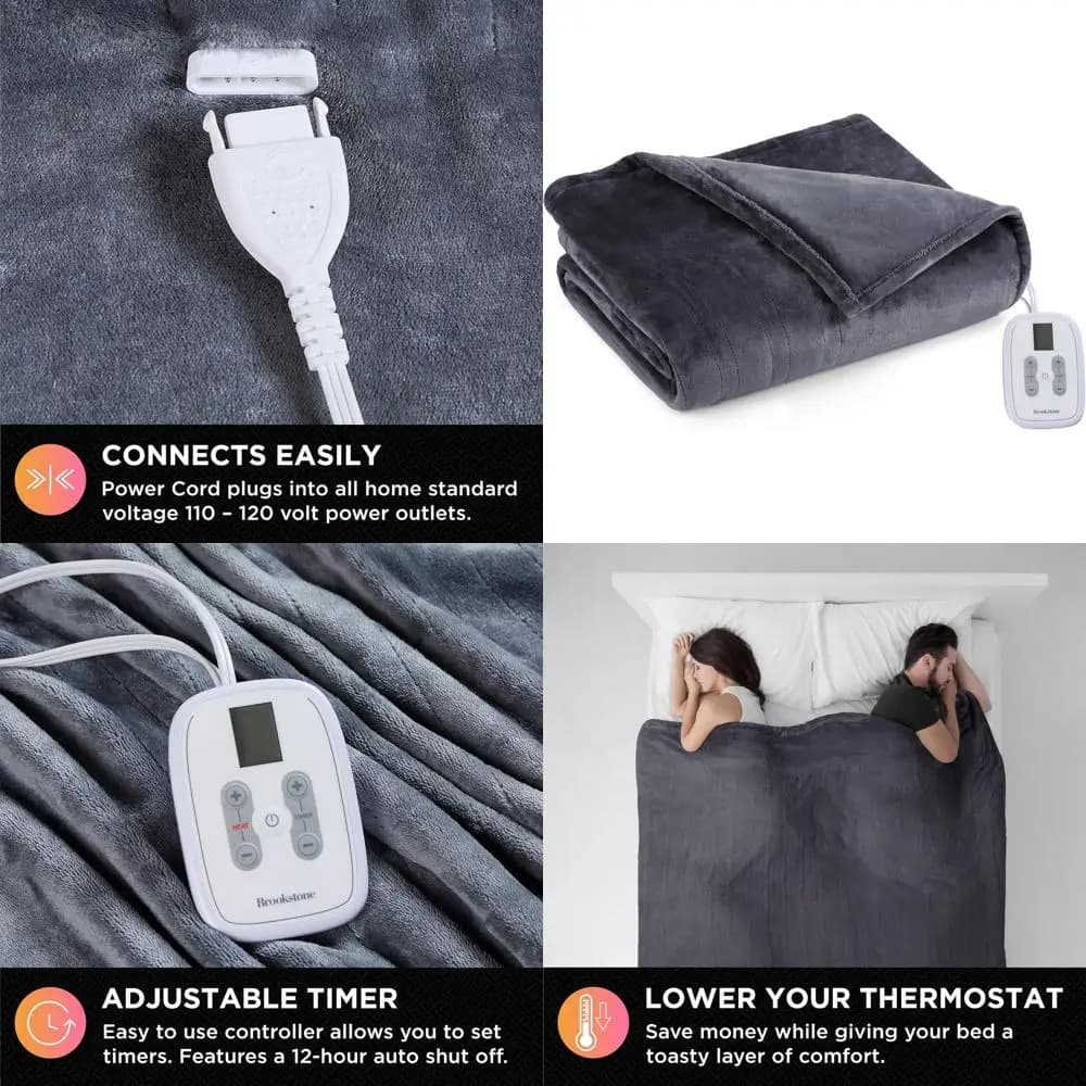 Coperta Riscaldata in Peluche con 10 Livelli di Calore, Timer 12 Ore, Lavabile in Lavatrice, Velluto in Poliestere, Misura Standard Grigia