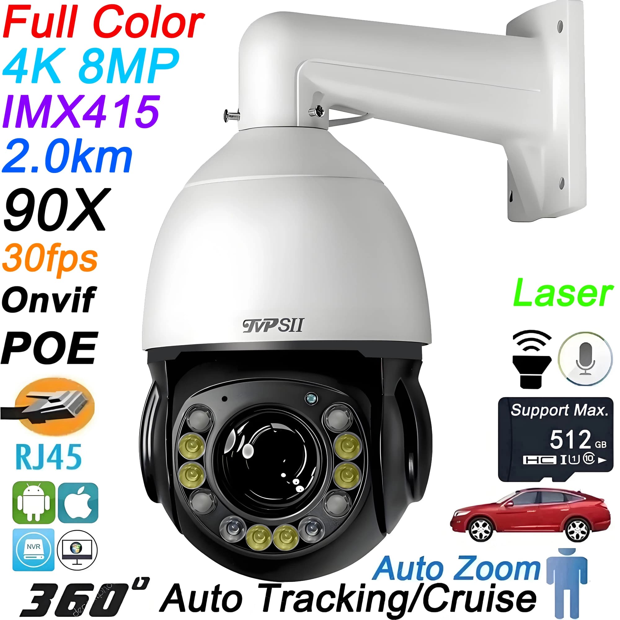 Crociera con tracciamento automatico a infrarossi laser a colori in metallo 8MP 4K 30fps 90X Zoom ottico 360 ° Telecamera IP PTZ Speed Dome audio Onvif POE