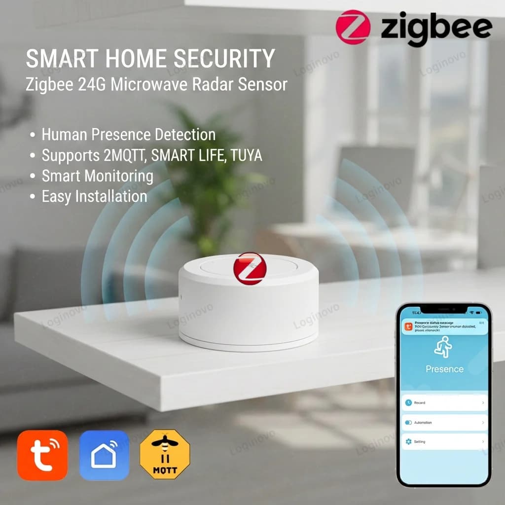 Sensore di Presenza Umana Zigbee 24G Mmwave Radar, Rilevatore Smart Life 2MQTT Tuya App, Tracker di Movimento per Sicurezza Domestica, Alimentato a Batteria
