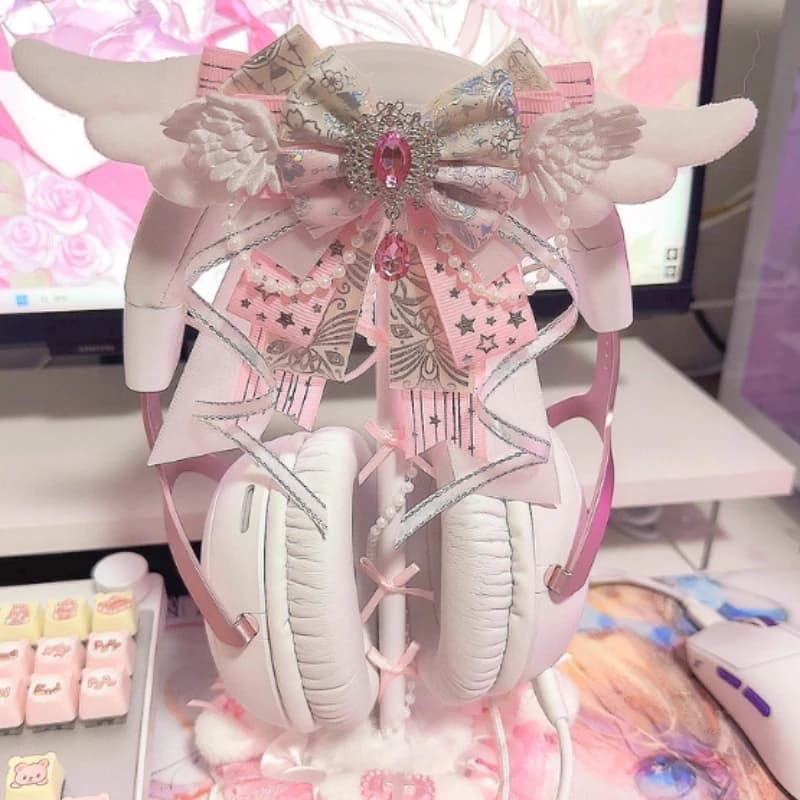 Ali d'Angelo Shape Headphones, New Pink Design with Lace Clasp, Kawaii Decor from Desk for Exposing Gaming Headphones, Gift Idea