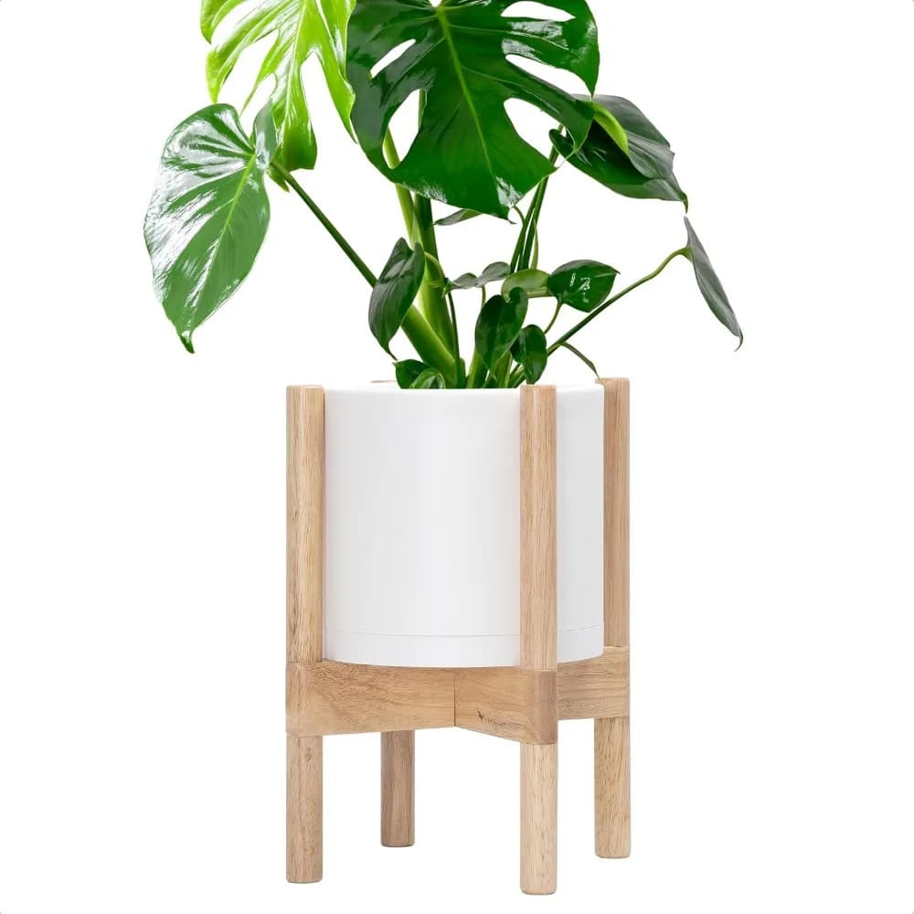Plastic Pot Wood Stand White 8 in, Mid Century Design, Plant Display, Clean Lines, Sturdy Support, Modern Space Saving Style