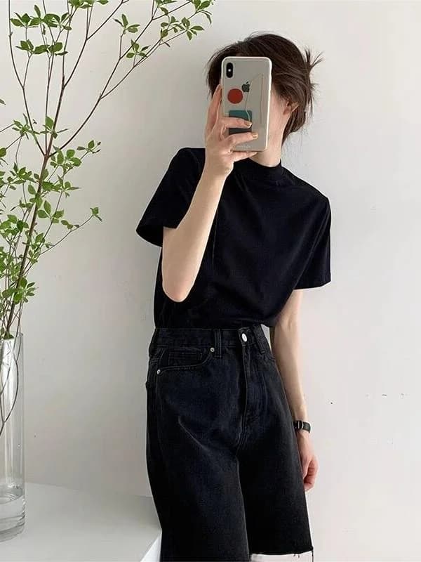 American Retro Black Short Sleeve T-Shirt Women Summer New Loose Slimming Shoulder High Waist Cotton Blend Comfortable Top