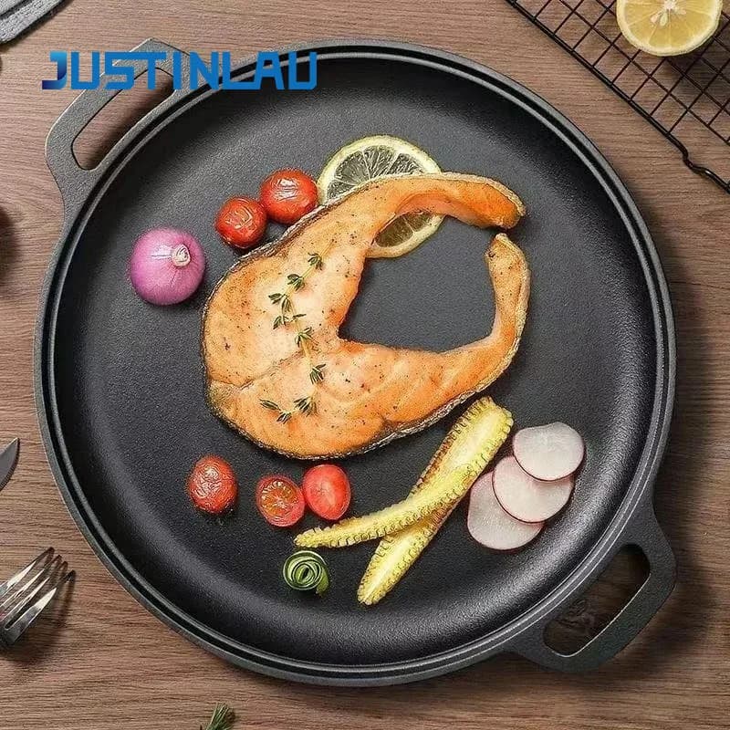 JUSTINLAU Thick Pancake Pot Double Eared Pancake Barbecue Cast Iron Flat Pot Steak Pizza Frying Pan Home Kitchen Barbecue Tools