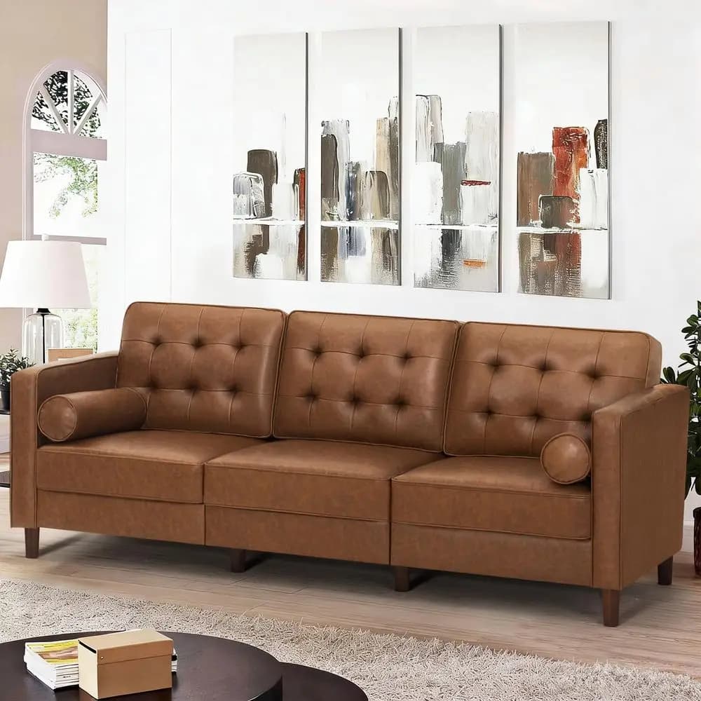 Divano Moderno a 3 Posti in Ecopelle con 2 Cuscini e Schienale Trapuntato, Stile Mid-Century, Divano Premium a 3 Posti per Soggiorno