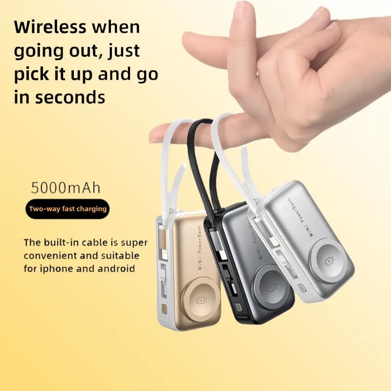 Mini Wireless Power Orologio tre in uno Cuffie Caricabatterie wireless Batteria esterna Lightning di tipo C adatta per iPhone Xiaomi