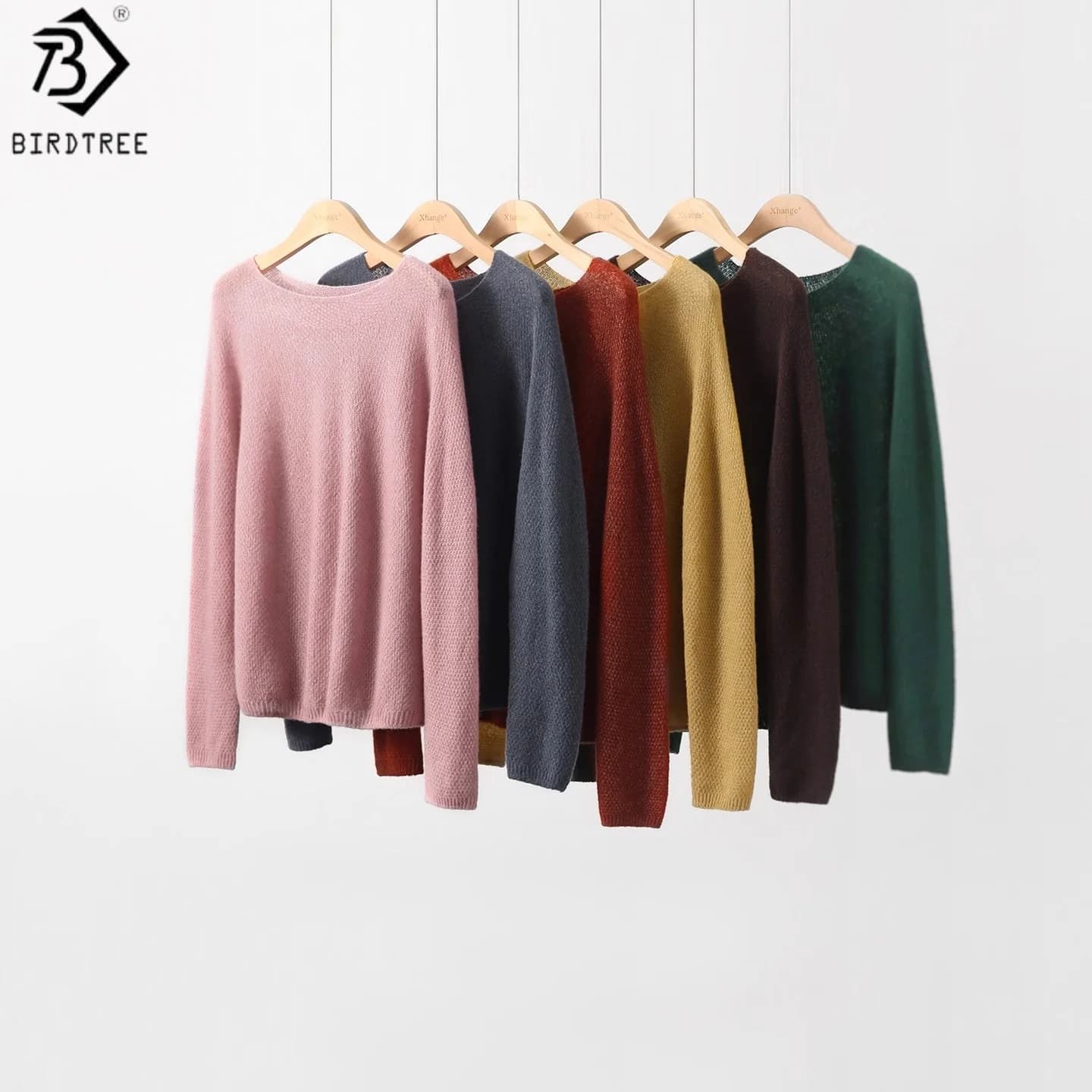Birdtree 77% Cashmere 23% Maglione lavorato a maglia di seta, Donna Misto lana di seta Senza cuciture Manica intera O-Collo Maglieria autunnale T58926JF