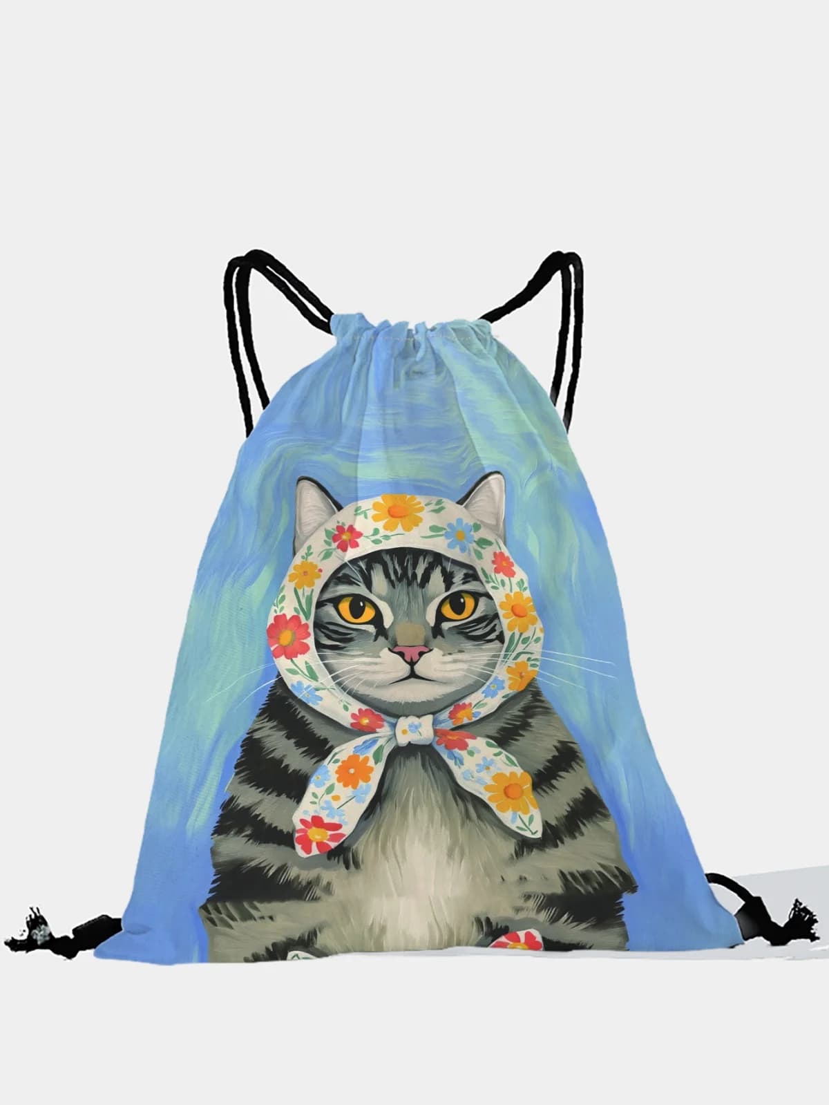 Zaino con coulisse con stampa gatto con foulard, borsa sportiva leggera per palestra, yoga, viaggi, scuola, shopping e uso quotidiano