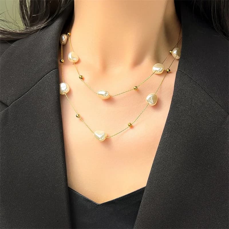 GANEMLY 316L Stainless Steel Multilayer Pearl Necklace For Women Trendy New Neck Chain Waterproof Jewelry Party Gift Collar