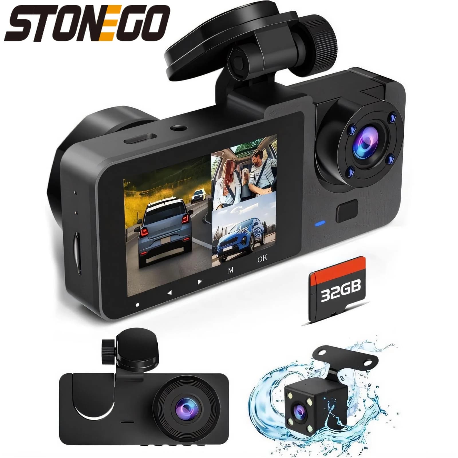 STONEGO Dashcam Simultaneous recording with 3 channels, monitors the front of the road, the inside of the cabin and the rear window in HD 1080P, DVR for cars