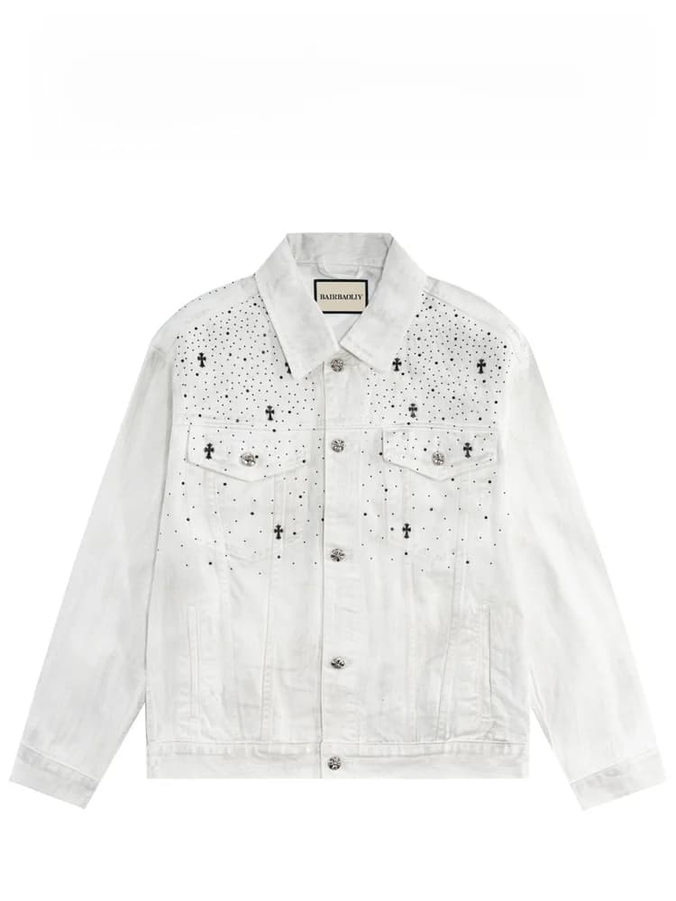 BAIRBAOLIY American Streetwear Cross Rhinestone Loose Fit Cotton Denim Jacket Design Sensation Pure Cotton Casual Coat