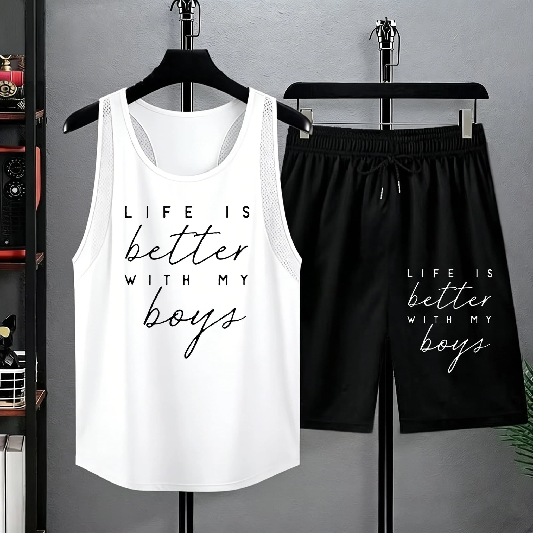 Life Is Better With My Boys - Men's Summer Completion with Printing, Wide and Simple Sports Shorts, Soft and Versatile Vest for Jogging and Street Style