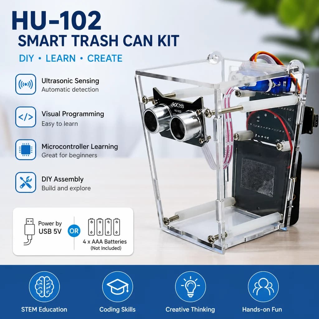 Smart Trash Can DIY Assembly Kit With Acrylic Case NANO Mainboard Dual Power Supply Ultrasonic Sensor For Student STEM Project
