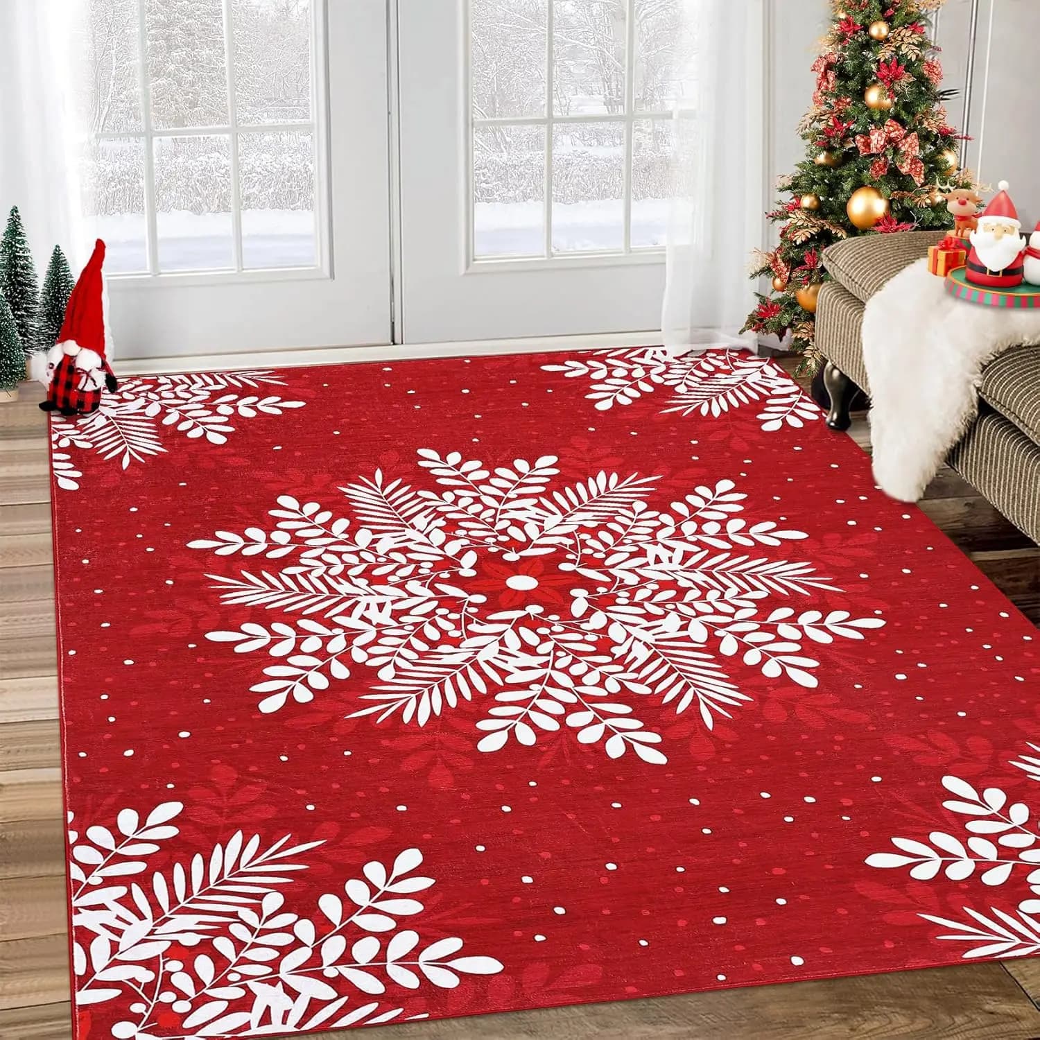 Christmas Snowflake Washable Area Rug Soft Low Pile Large Rugs Non Slip Floor Carpet for Living Room Bedroom Office Decor