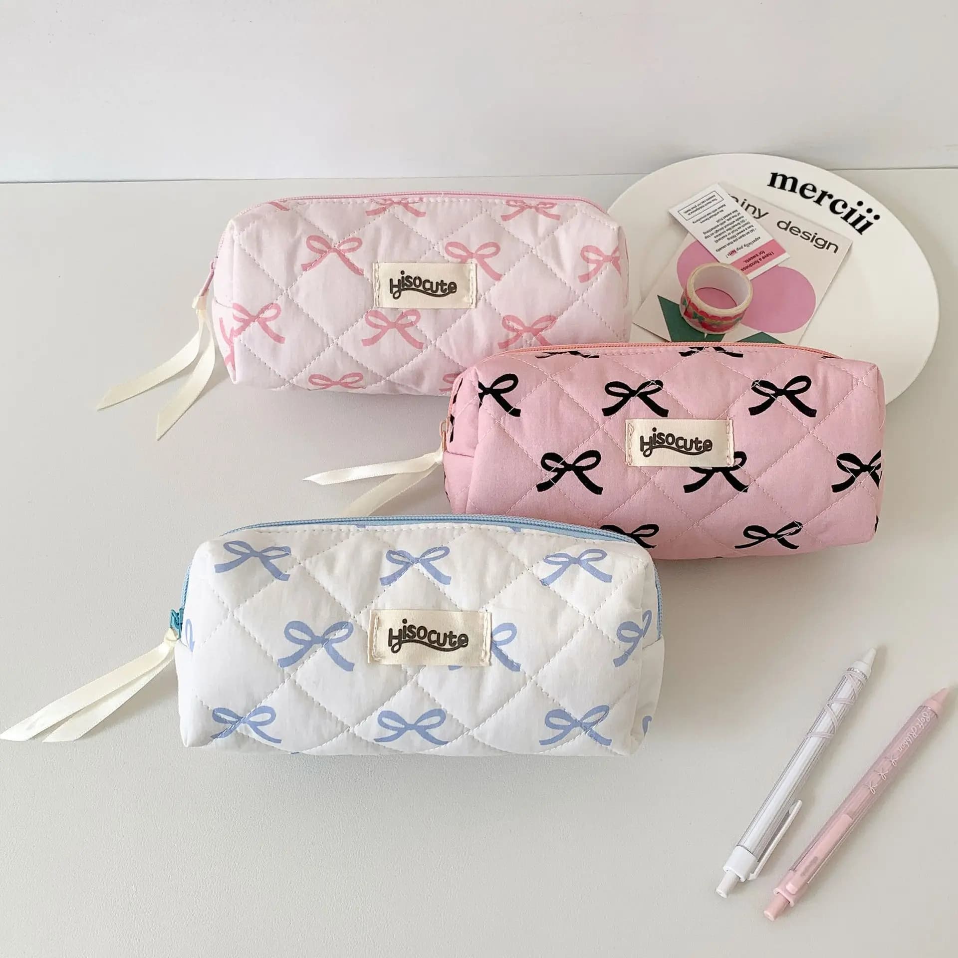 Astuccio Grande Capacità per Ragazze, Borsa Portamatite Estetica con Fiocco e Nastro, Organizer per Cancelleria Scolastica, Forniture per Studenti