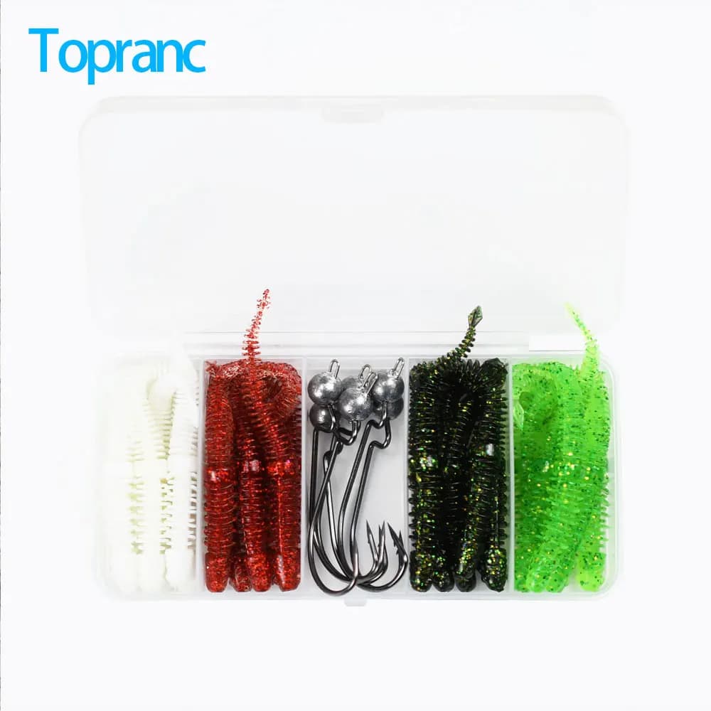 Topranc 25Pcs/Box 4 Colors Soft Worm Lures Jig Head Hooks Kit with Boxed Bait Freshwater Fishing Tackle For Bass Mandarin Fish