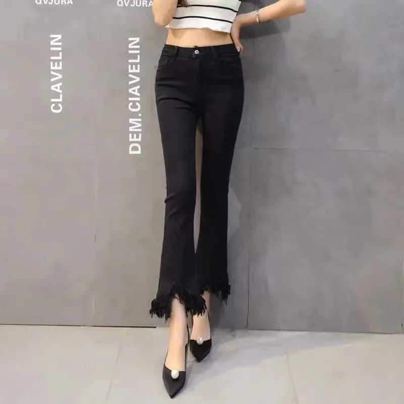 High Waist Bell Bottom Jeans Women's Slimming Nine Points Elastic Long Tassel Trim Denim Pants Spring 2024 New Style Cotton S...