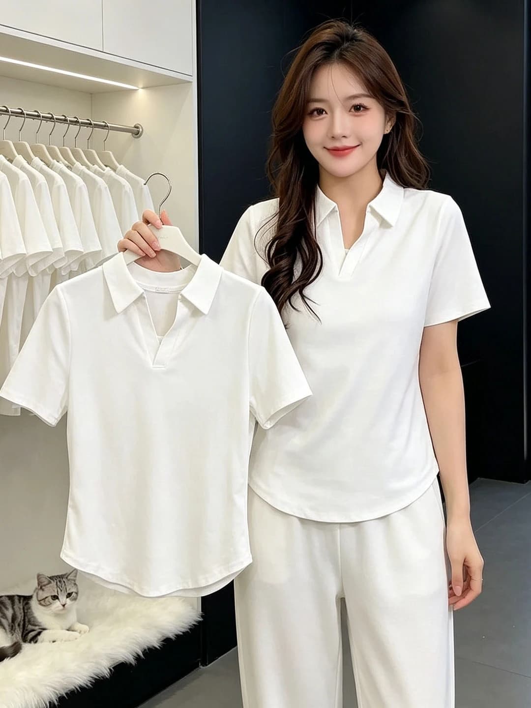 Stylish Simple White Neck Short Sleeve T-Shirt Women Summer plus Size Slimming Concealing Beautiful Top Korean Style Com...