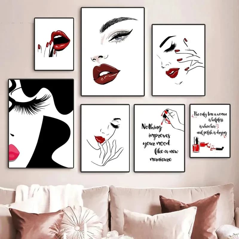 Trucco di moda Rossetto Mascara Smalto per unghie Tela Pittura Salone di bellezza Poster Ciglia Labbra rosse Ragazza Wall Art Home Decor