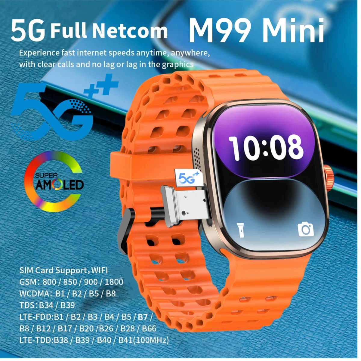 5G LTE Full Netcom 2.29inch Amoled Android 13.0 Smartwatch M99 Mini Smart Watch With 190° Rotary Camera Infrared remote function