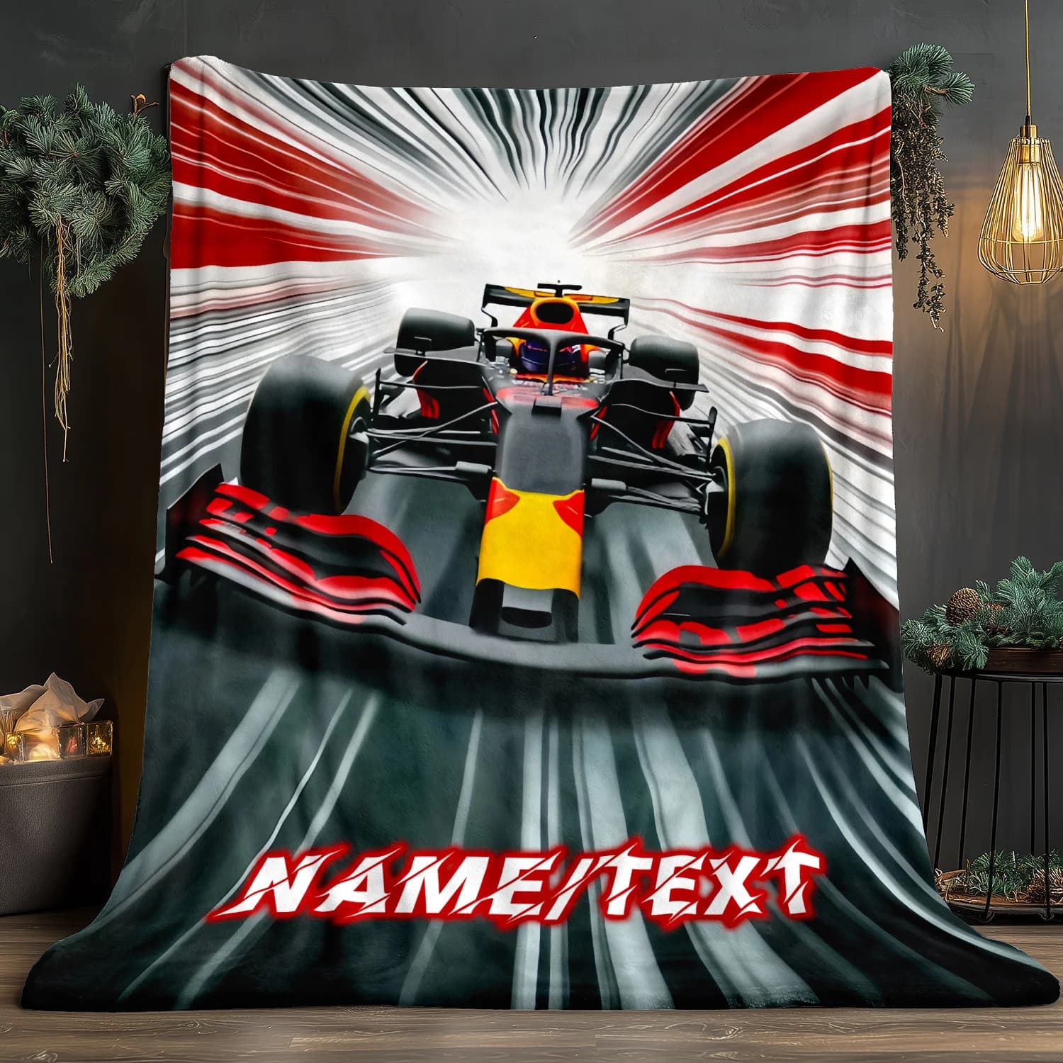 Personalized Formula One racing flannel blanket soft, lightweight, warm, customizable name _ Text red and black design