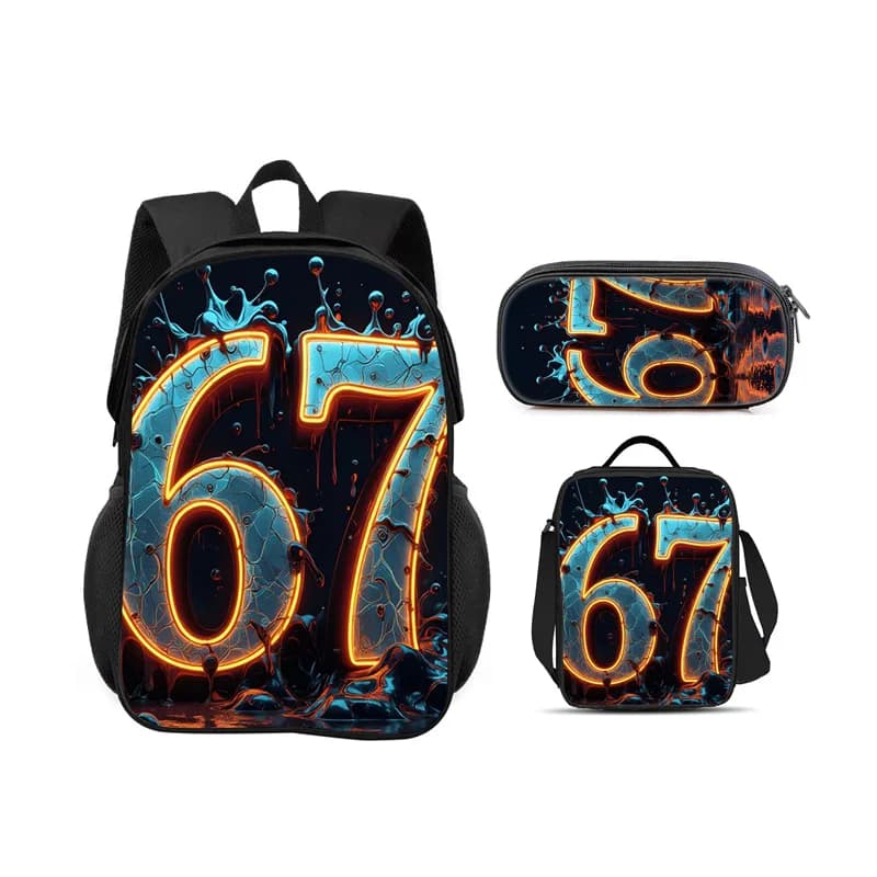 67 letter backpack, pencil case, ice pack, 3-piece set, cartoon print, new trend, best campus companion for students