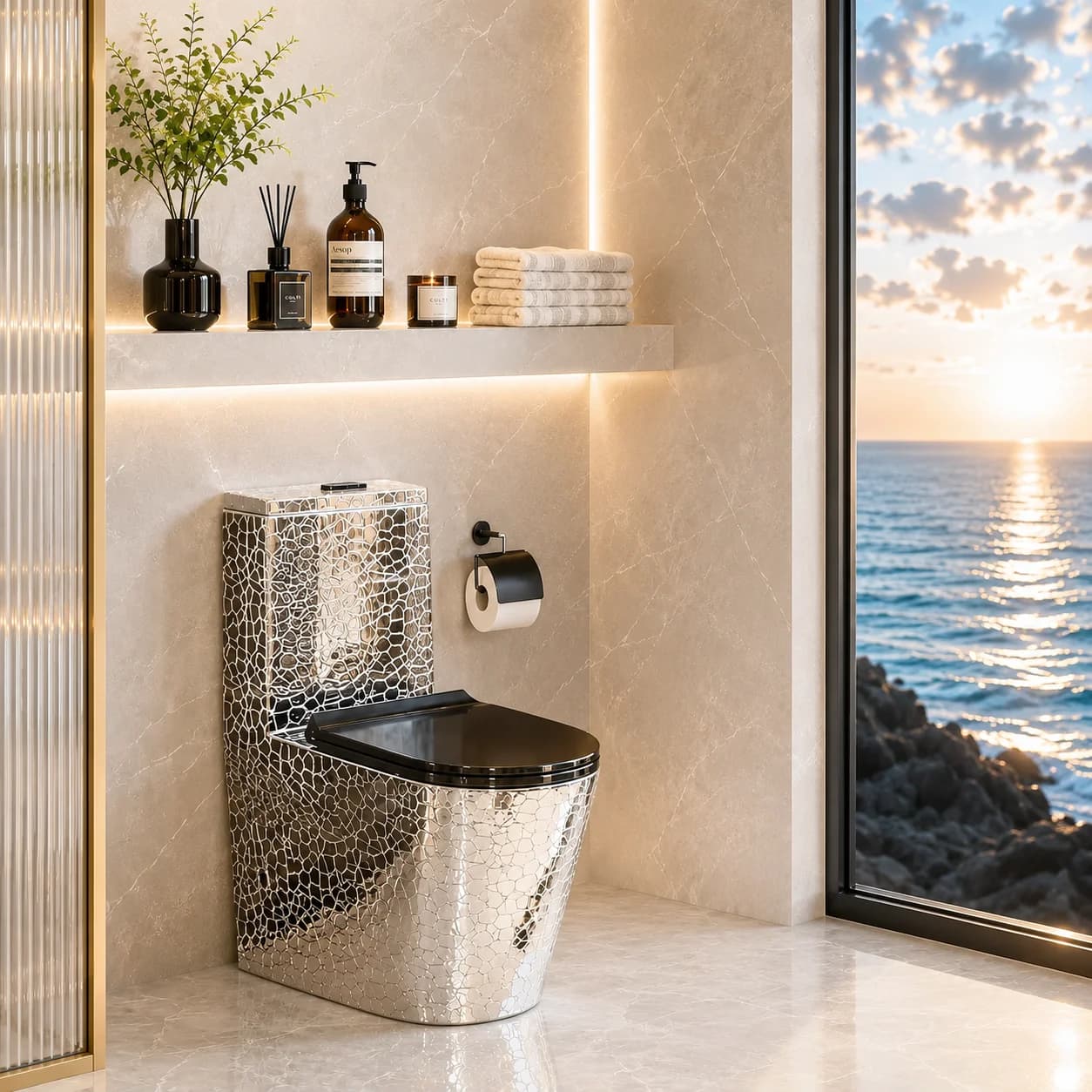 High-End Silver One Piece Ceramic Toilet With Modern Style S-Trap Drainage For Villas Hotels & Lavatories