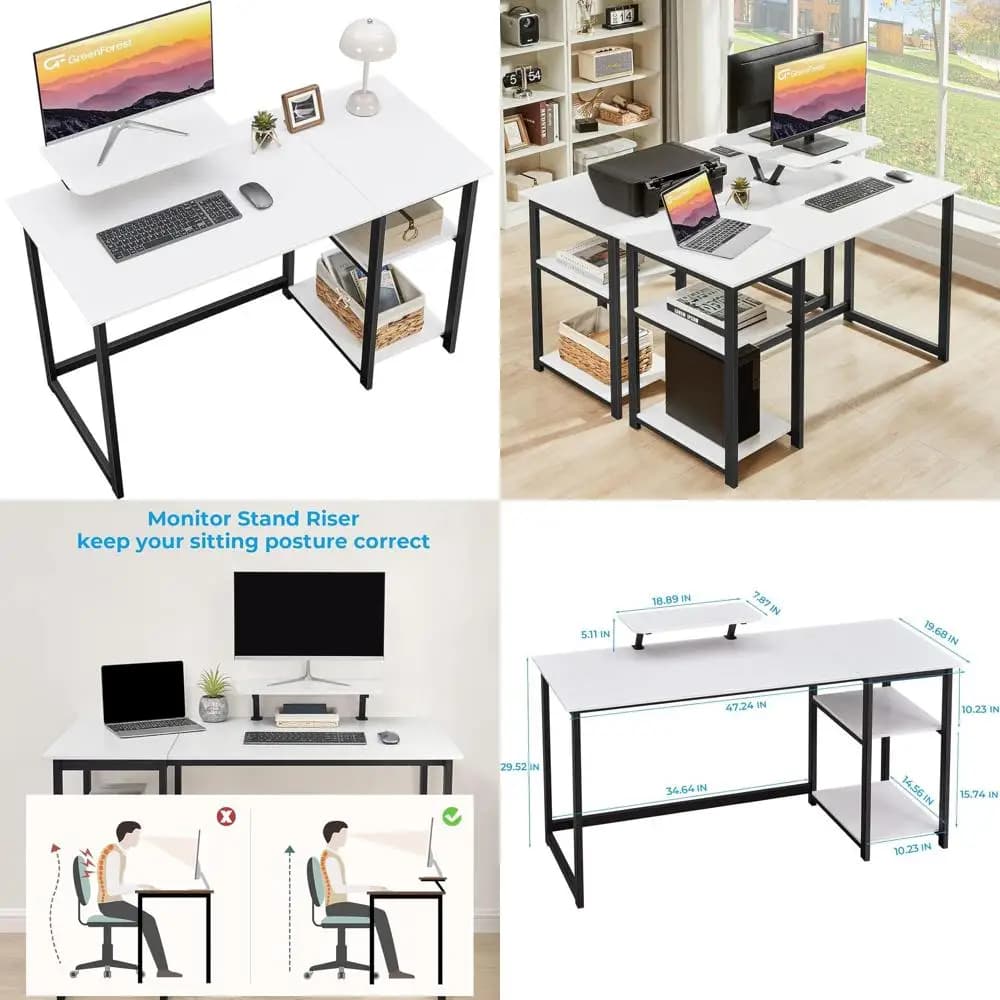 47-inch White Office Desk with Monitor and Reversible Shelf for PC, Laptop and Studio